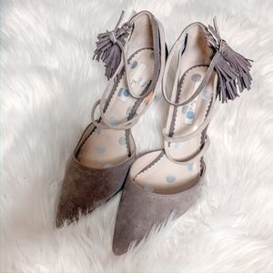 Boden gray and black tasseled strapy heels.